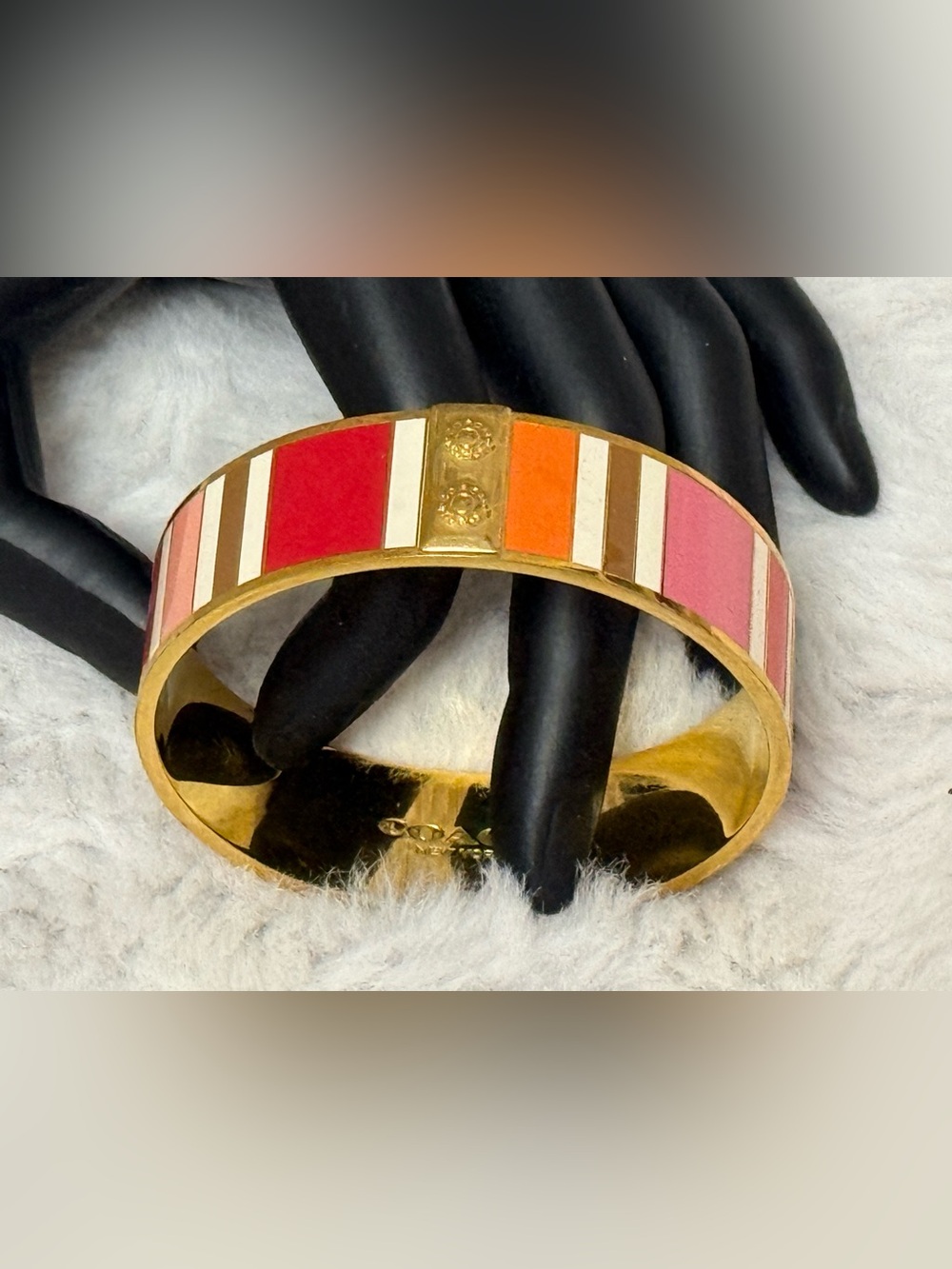 Coach Legacy Gold Enamel Colorblock Bangle Bracelet - Red Orange Pink